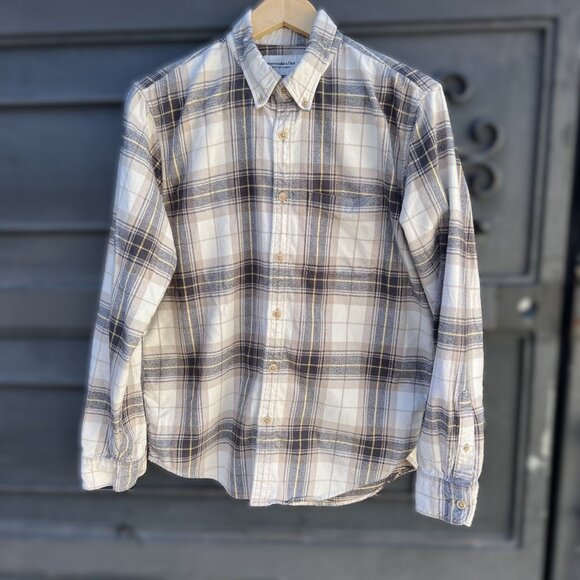 Abercrombie Fitch Mens Medium Soft Flannel Plaid Check Button Up Blue Beige L/S - Picture 1 of 10
